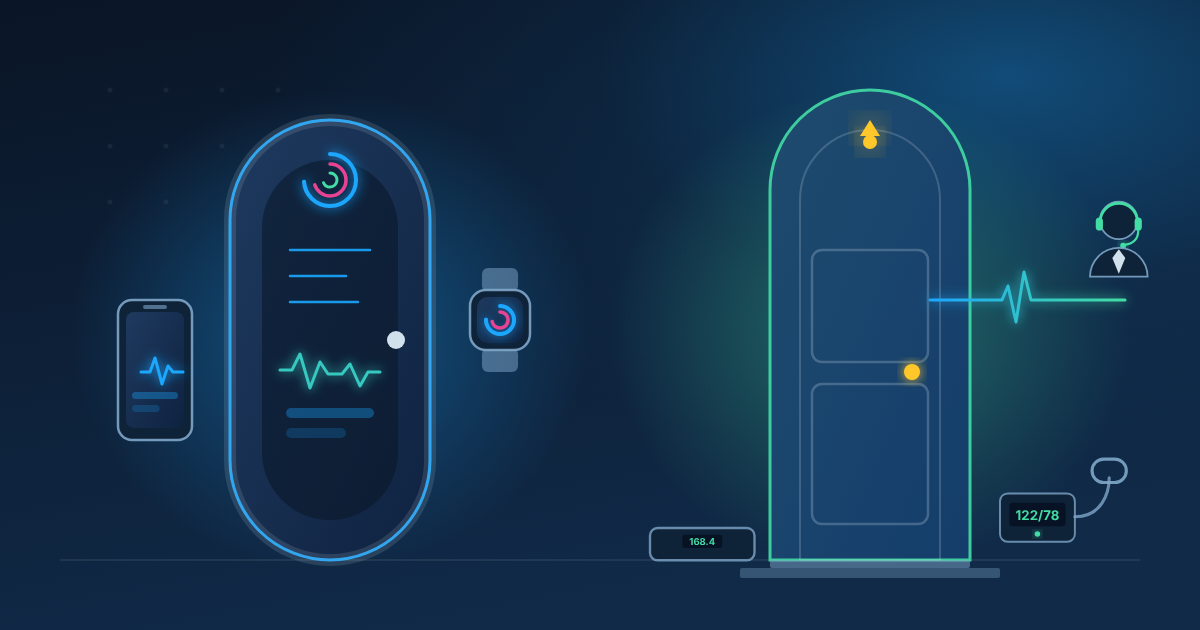 Two front doors side by side: a sleek consumer door framed by a phone and a smartwatch, and a warm home door with a blood pressure cuff and a scale on the step, connected to a care team by a heartbeat line