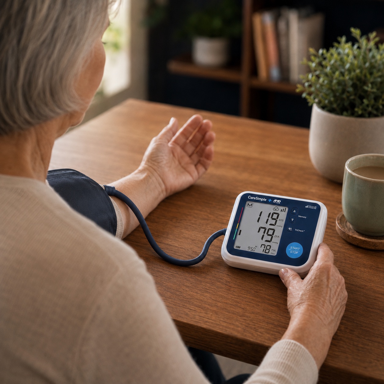 Older patient at home taking a reading on a CareSimple cellular blood pressure monitor