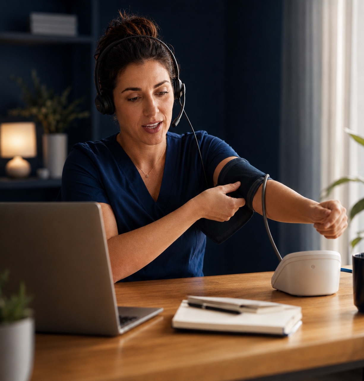 CareSimple support nurse on a headset call demonstrating a blood pressure cuff at her desk