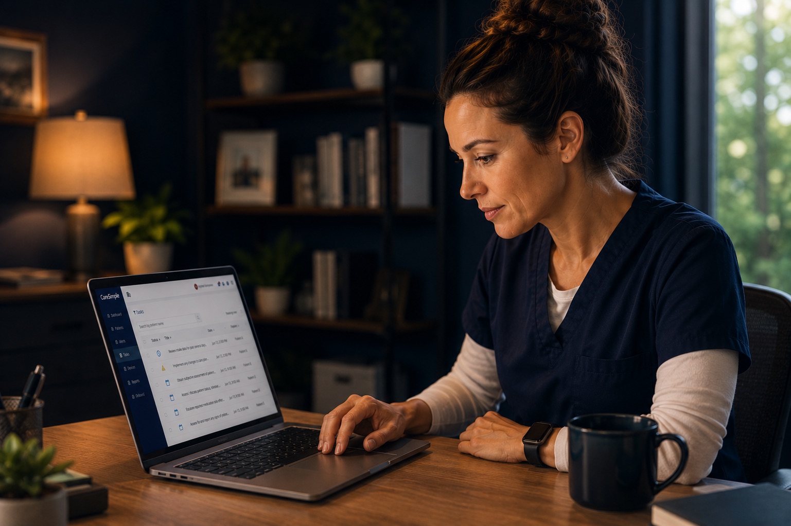 CareSimple nurse reviewing patient tasks in the remote monitoring portal from a home office
