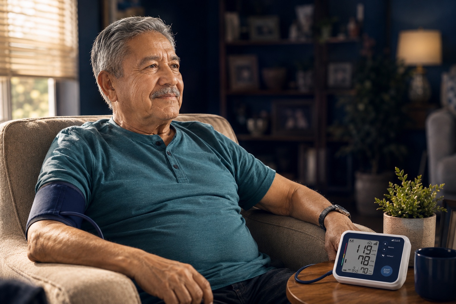 Older patient relaxing at home in an armchair with a blood pressure cuff and CareSimple monitor nearby