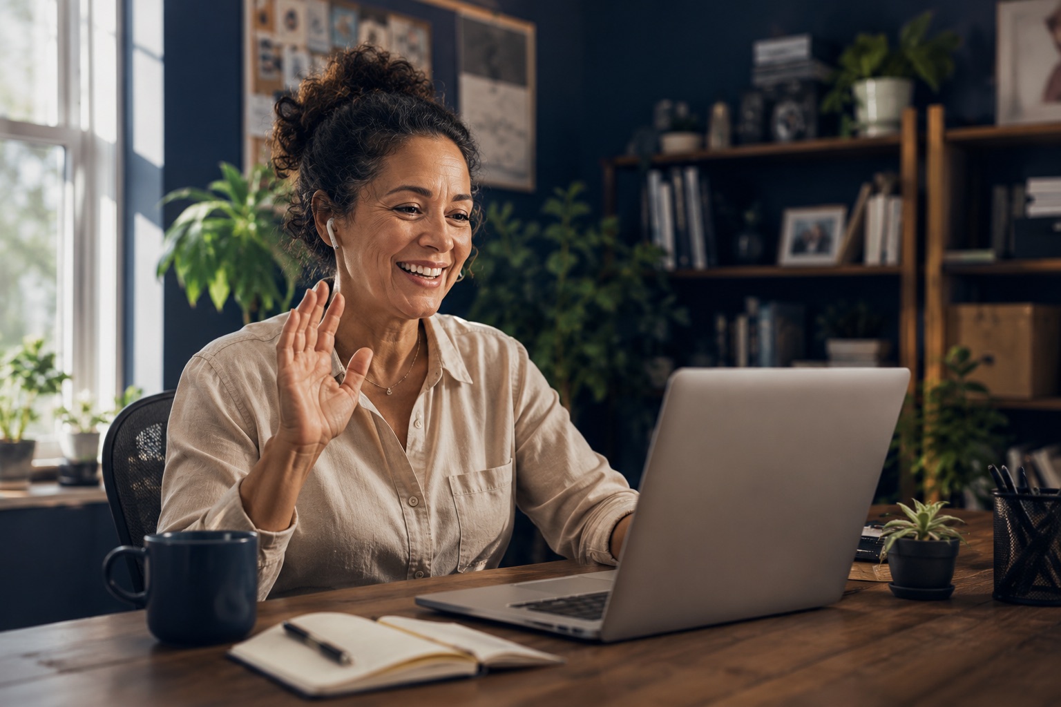 CareSimple team member waving during a video call while working remotely from a home office
