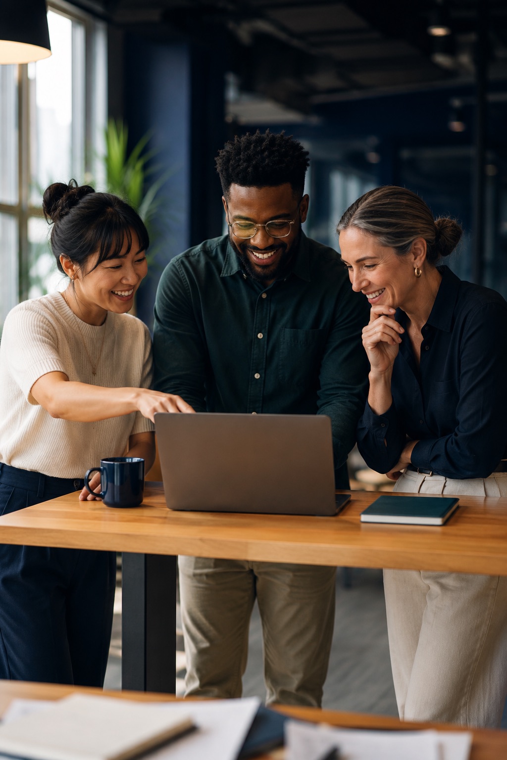 Three CareSimple colleagues smiling and collaborating around a laptop at a standing desk in the office