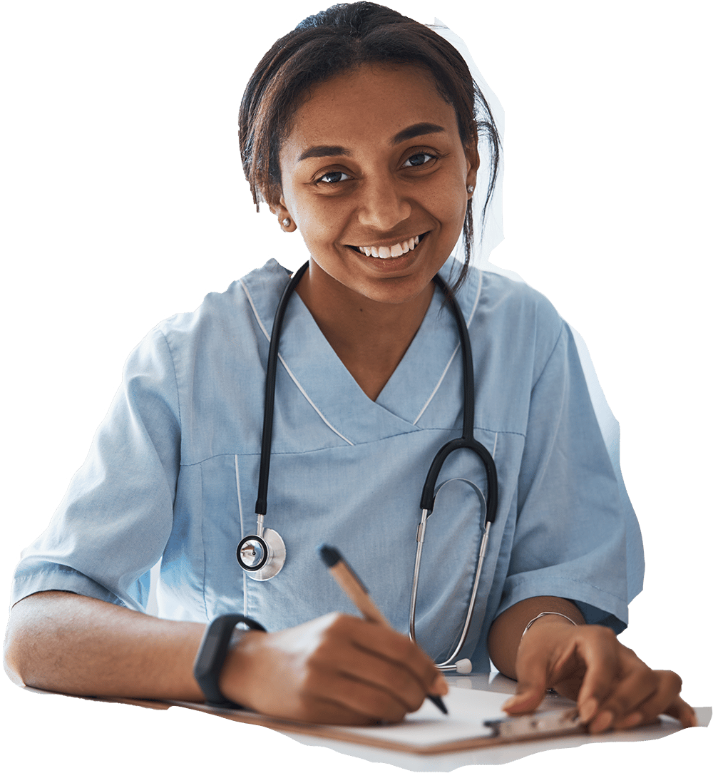 cheerful female doctor doing paperwork in clinic SM